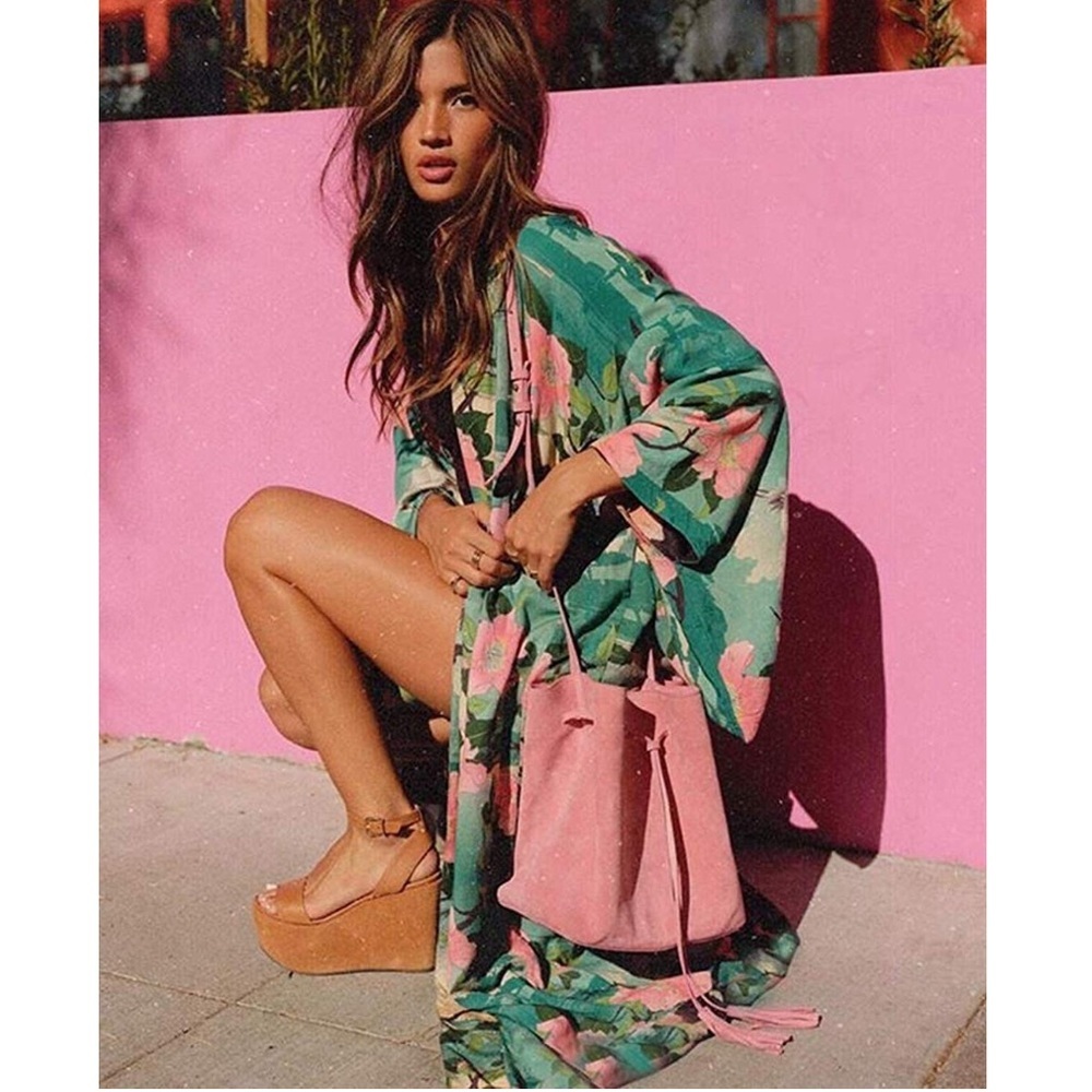 Floral Boho Long Kimono Duster Coverup Robe